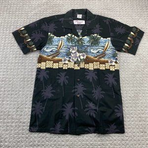 FAVANT Hawaiian Shirt Men Small S Black Button Up Floral Palm Tree Beach Waves